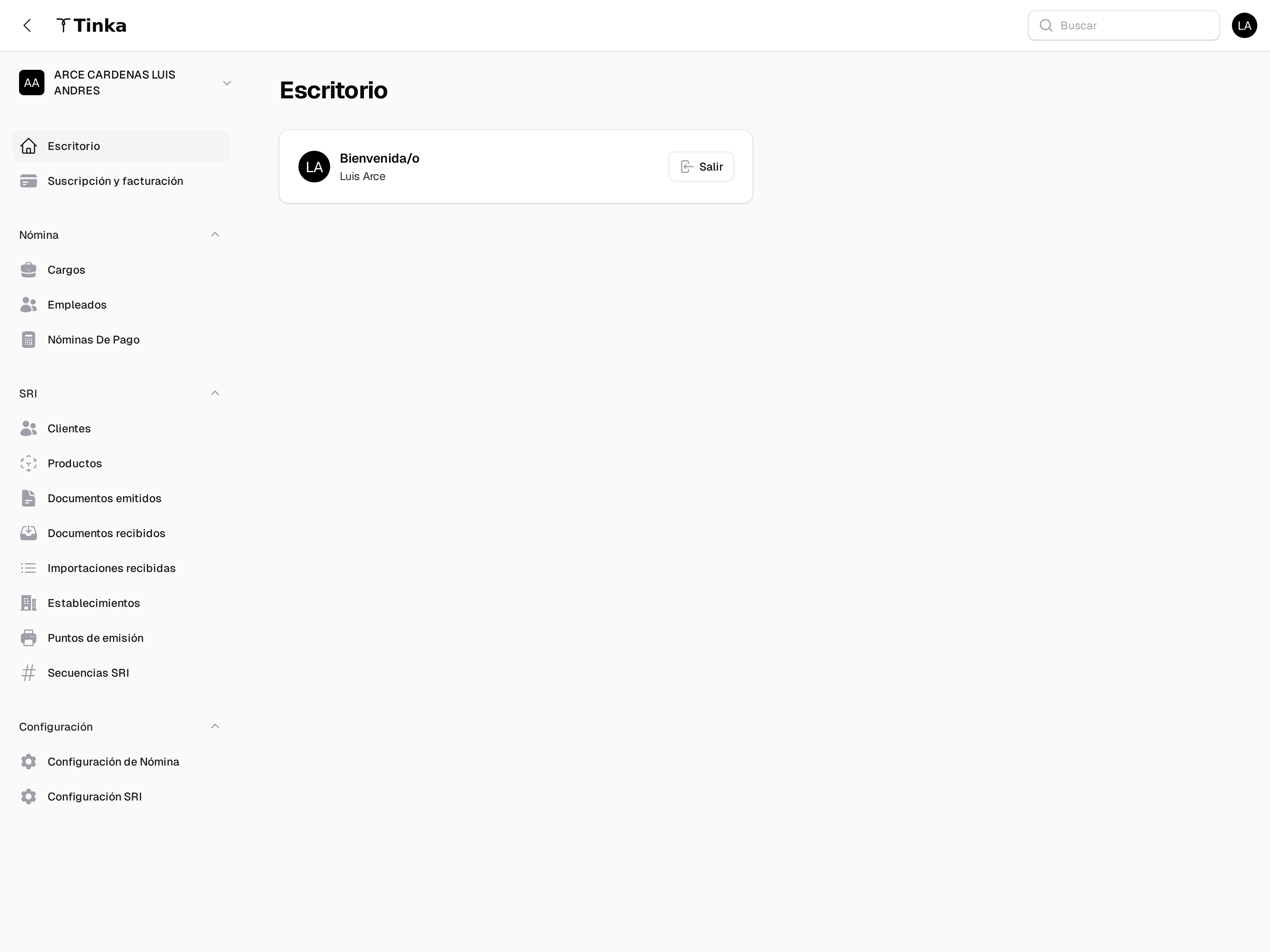 Captura del panel Tinka mostrando el dashboard de un contador con widgets de comprobantes recibidos, roles pendientes y emisiones recientes.